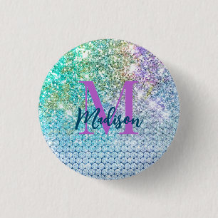 Cute Turquoise unicorn faux glitter monogram  1 Inch Round Button