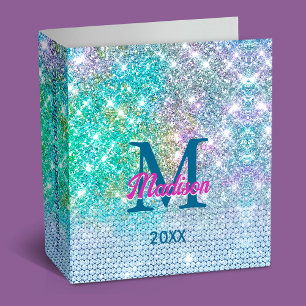Cute Turquoise unicorn faux glitter monogram Binder