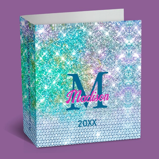 Cute Turquoise unicorn faux glitter monogram Binder (Creator Uploaded)