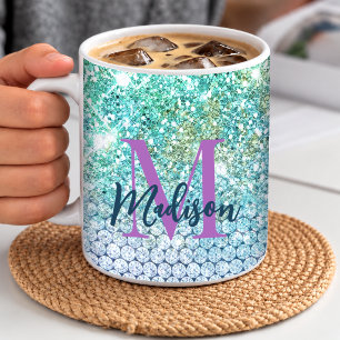 Cute Turquoise unicorn faux glitter monogram Coffee Mug
