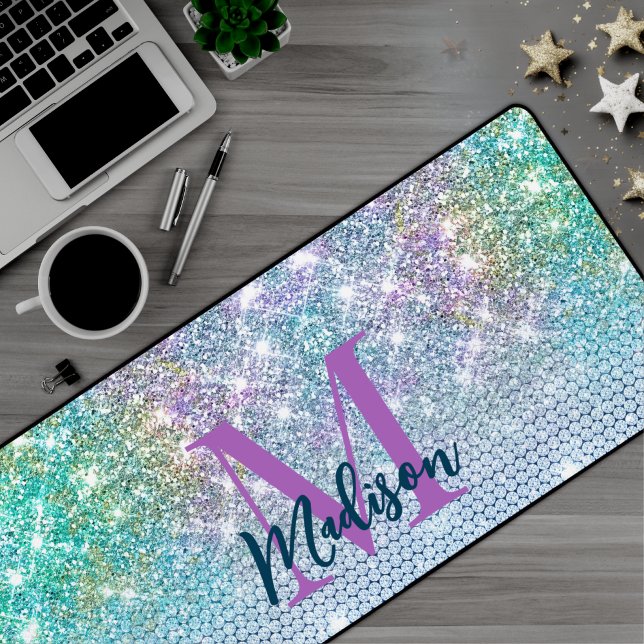 Cute Turquoise unicorn faux glitter monogram Desk Mat (Creator Uploaded)