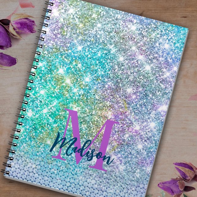 Cute Turquoise unicorn faux glitter monogram Notebook (Creator Uploaded)