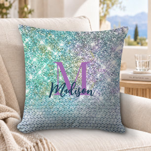 Cute Turquoise unicorn faux glitter monogram Throw Pillow