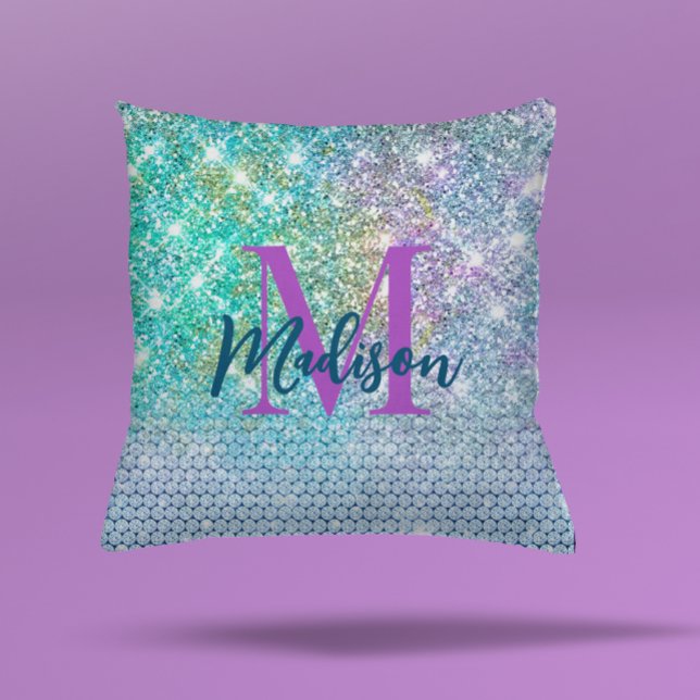 Cute Turquoise unicorn faux glitter monogram Throw Pillow (Creator Uploaded)