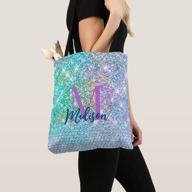 Cute Turquoise unicorn faux glitter monogram Tote Bag (Close Up)