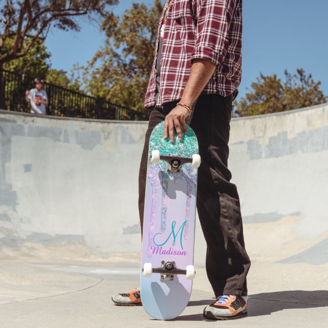 Cute Turquoise Unicorn Rainbow Glitter Drips Skateboard (Outdoor 2)