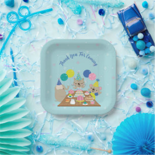 Cute Turquoise Watercolor Party Animals Birthday P Paper Plate