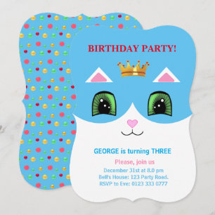 Cute Turquoise & White Prince Tuxedo Cat Birthday Invitation