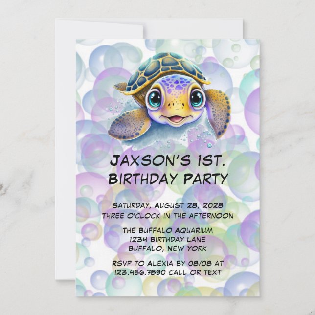 Cute Turtle and Bubbles 1st Birthday Party Invitation (Front)