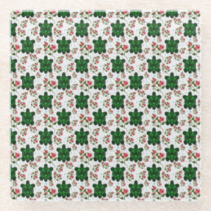 Cute Turtle and Floral Seamless Pattern  Glass Coaster