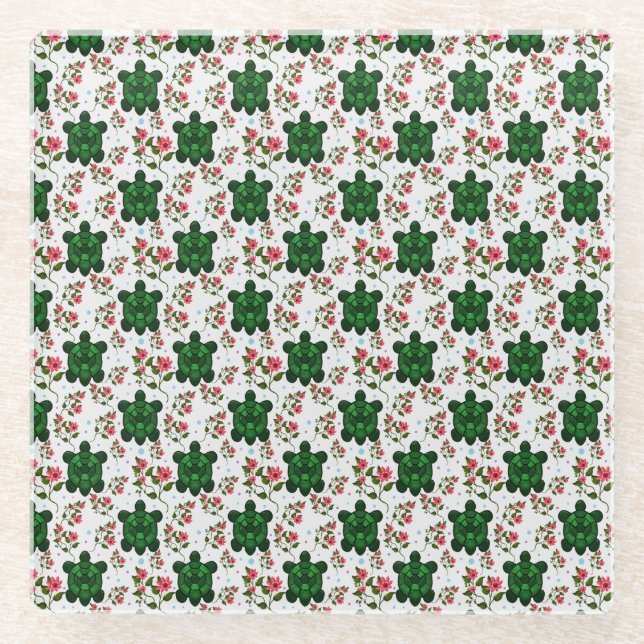 Cute Turtle and Floral Seamless Pattern  Glass Coaster (Front)