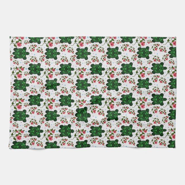 Cute Turtle and Floral Seamless Pattern  Kitchen Towel (Horizontal)