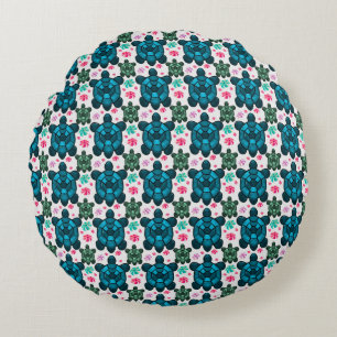 Cute Turtle and Floral Seamless Pattern  Notebook Round Pillow