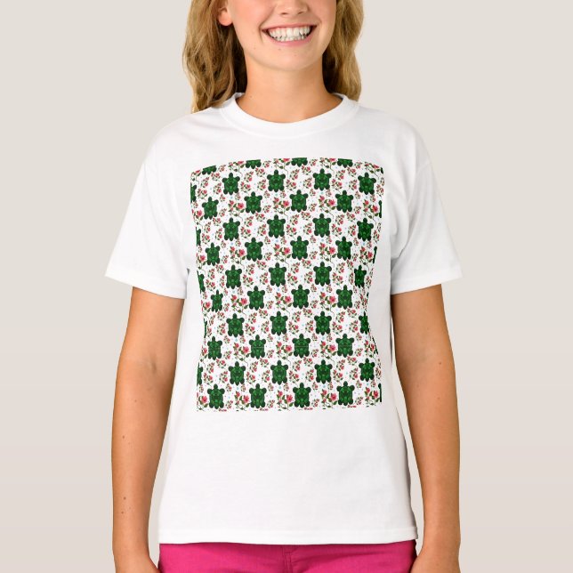 Cute Turtle and Floral Seamless Pattern  T-Shirt (Front)