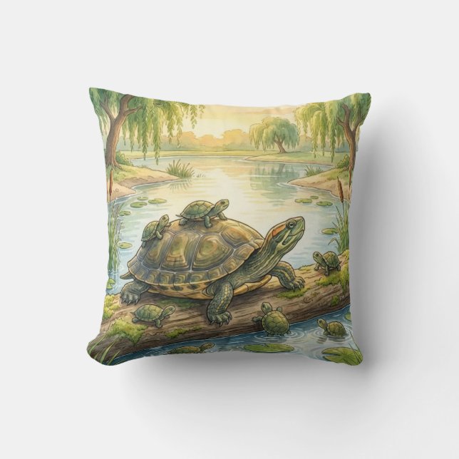 Cute Turtle And Hatchlings River and Lake Animals  Throw Pillow (Front)