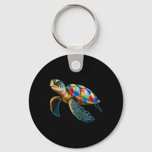 Cute Turtle And Puzzle Pieces Autism Awareness Day Keychain