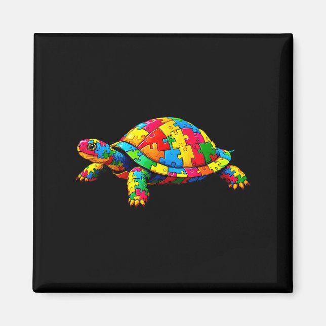 Cute Turtle And Puzzle Pieces Autism Awareness Day Magnet (Front)