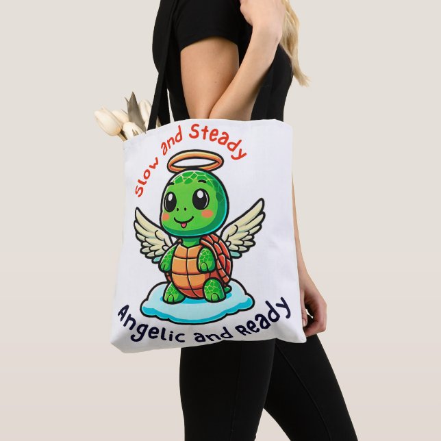 Cute Turtle Angel with Wings Cartoon Tote Bag (Close Up)