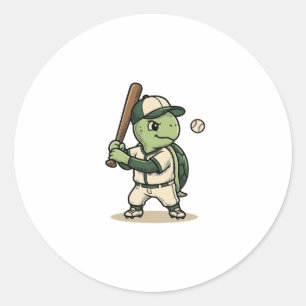 Cute Turtle Baseball Batter Vintage Vector Art_1 Classic Round Sticker