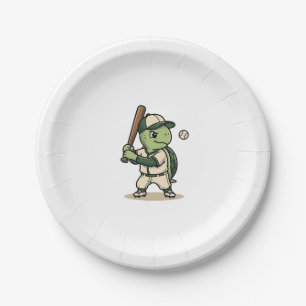 Cute Turtle Baseball Batter Vintage Vector Art_1 Paper Plate