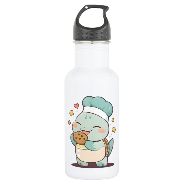 Cute Turtle Chef Eating Cookie Kawaii Design 532 Ml Water Bottle (Front)