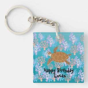 Cute turtle colourful coral fish sea Birthday kids Keychain