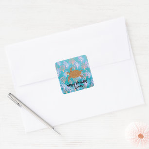 Cute turtle colourful coral fish sea Birthday kids Square Sticker