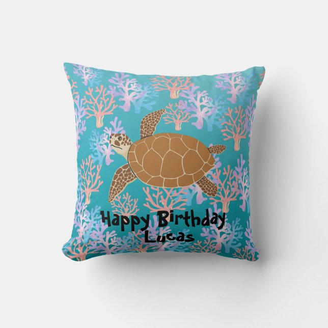 Cute turtle colourful coral fish sea Birthday kids Throw Pillow (Front)
