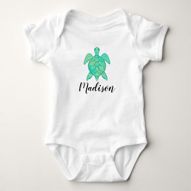 Cute Turtle Custom Name Baby Bodysuit (Front)