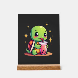 Cute turtle drinking boba. Funny Boba Turtles Love Acrylic Sign