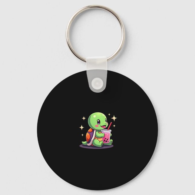 Cute turtle drinking boba. Funny Boba Turtles Love Keychain (Front)