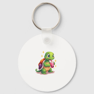 Cute turtle drinking boba. Funny Boba Turtles Love Keychain