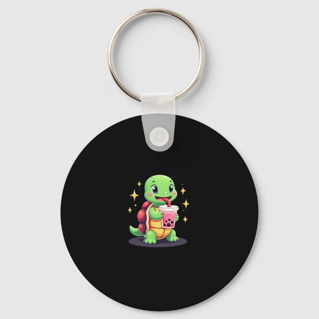 Cute turtle drinking boba. Funny Boba Turtles Love Keychain (Front)