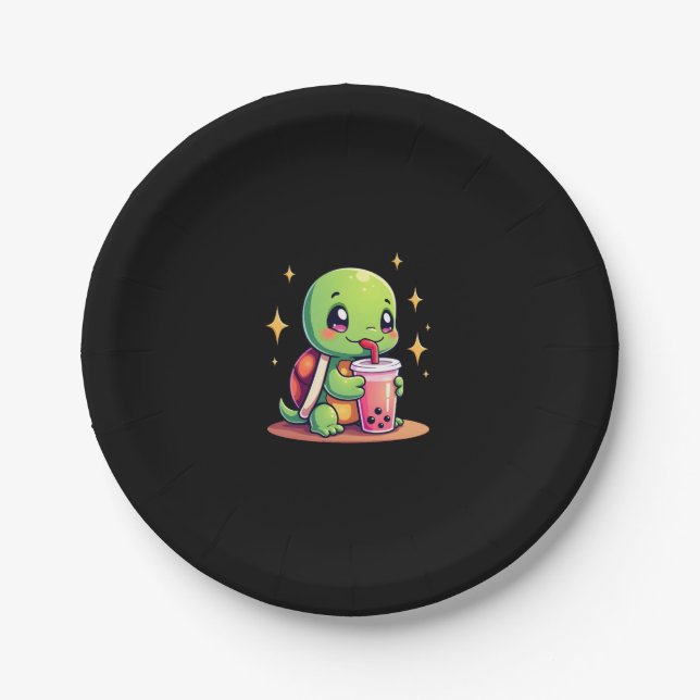 Cute turtle drinking boba. Funny Boba Turtles Love Paper Plate (Front)