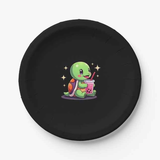 Cute turtle drinking boba. Funny Boba Turtles Love Paper Plate (Front)