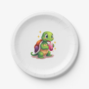 Cute turtle drinking boba. Funny Boba Turtles Love Paper Plate