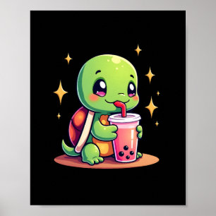 Cute turtle drinking boba. Funny Boba Turtles Love Poster