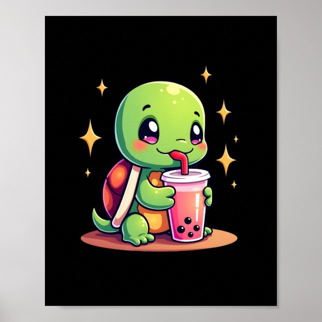 Cute turtle drinking boba. Funny Boba Turtles Love Poster (Front)