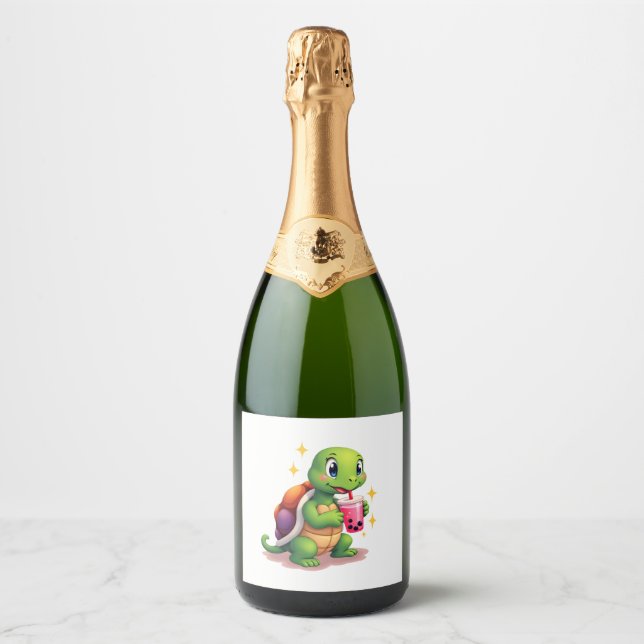 Cute turtle drinking boba. Funny Boba Turtles Love Sparkling Wine Label (Front)