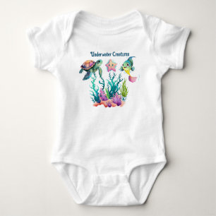 Cute turtle, fish & starfish, swimming underwater baby bodysuit
