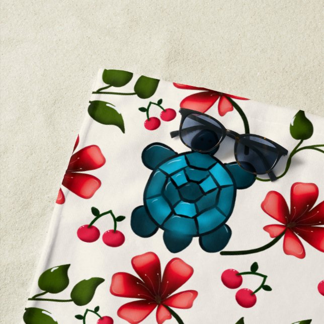 Cute Turtle Floral pattern   Beach Towel (In Situ)