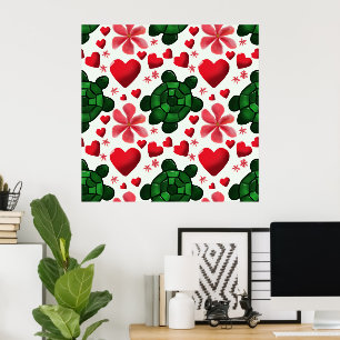 Cute Turtle Floral Pattern   Red Flowers Hearts  Poster