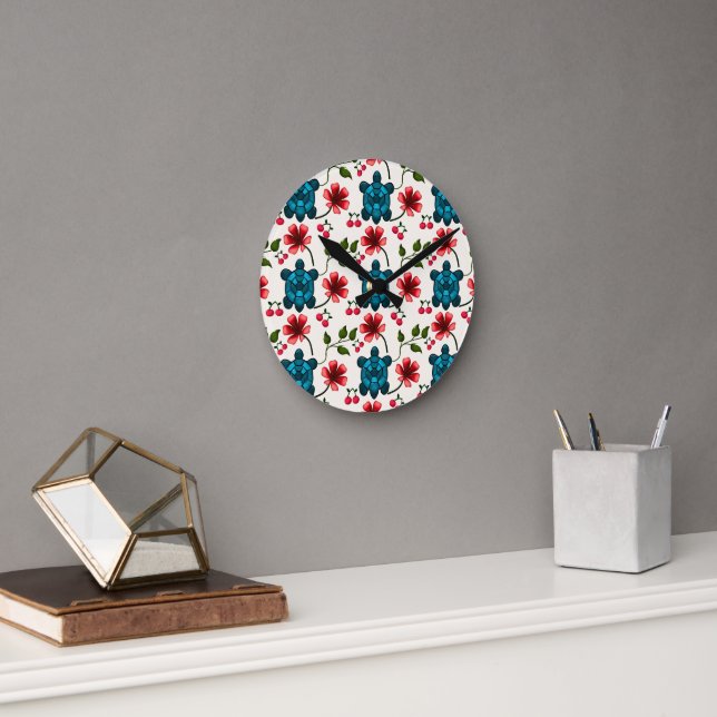 Cute Turtle Floral pattern   Round Clock (Office)