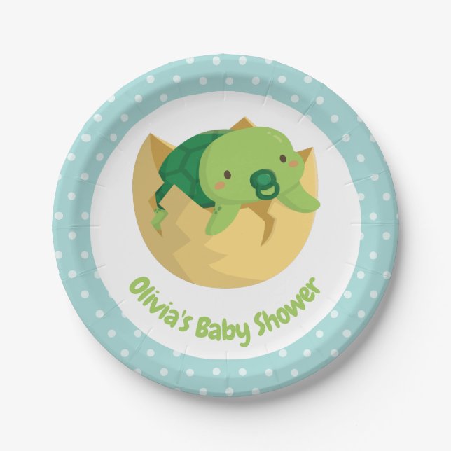 Cute Turtle In Egg Polka Dots Baby Shower Plates (Front)