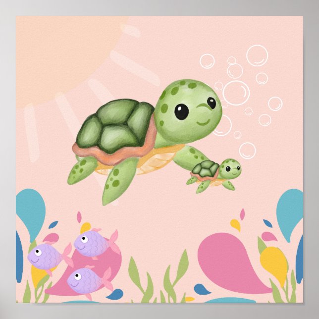 Cute turtle in pink ocean scene, poster (Front)