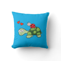 Cute Turtle, Ladybug, and Hearts Blue Throw Pillow