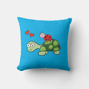 Cute Turtle, Ladybug, and Hearts Blue Throw Pillow