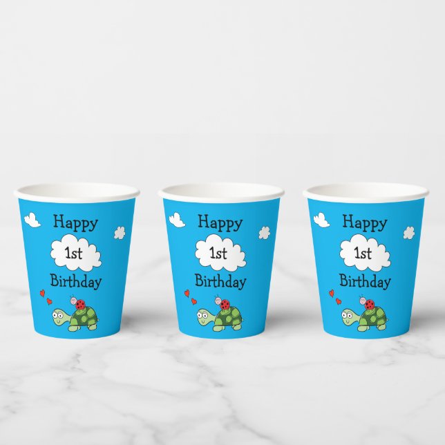Cute Turtle Ladybug Blue Happy Birthday Party Cup (Multi)