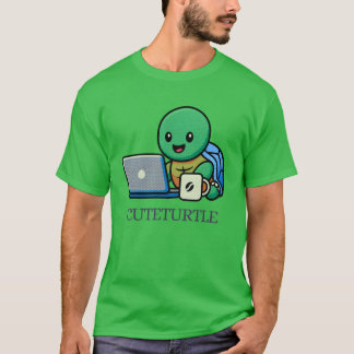 Cute Turtle Laptop Cartoon T-Shirt