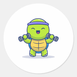 Cute Turtle Lifting Dumbbells Cartoon Illustration Classic Round Sticker